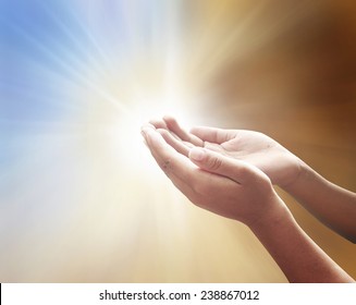 Believe Trust And Mercy Concept: Human Open Two Empty Hands With Palms Up Over Nature Light Of Makkah.