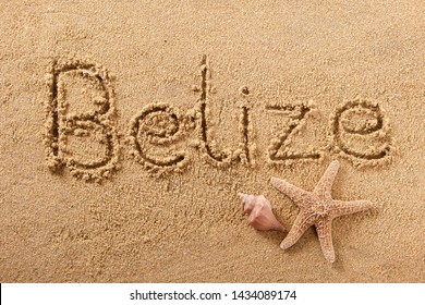 Belize Beach Word Sign Written In Sand