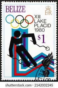 BELIZE - CIRCA 1979: A Stamp Printed In Belize Shows Downhill Skiing, 1980 Winter Olympics, Lake Placid, Circa 1979