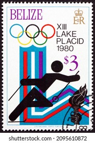 BELIZE - CIRCA 1980: A Stamp Printed In Belize Shows Cross Country Skiing, 1980 Winter Olympics, Lake Placid, Circa 1980