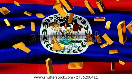 The Belizean flag and gold bars floating in the air, along with financial figures, symbolize the volatility of the gold market, stock market, economic exchanges, and monetary policy.