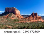 
Bell Rock and Courthouse Butte Sandstone Cliff Butte Landmark. Scenic Red Rock State Park Landscape Aerial View, Blue Skyline, Oak Creek Sedona Arizona Southwest USA