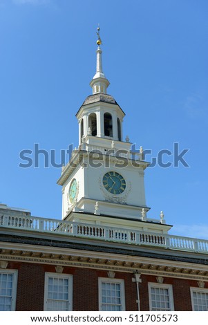 The bell tower atop Independence Hall, formerly home to the Liberty Bell, Philadelphia, Pennsylvania, USA.