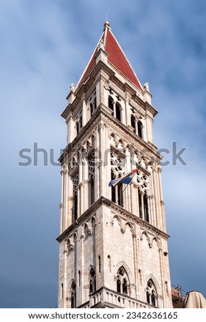 Bell tower of the Cathedral of St. Lawrence a Roman Catholic triple-naved basilica constructed in Romanesque-Gothic in Trogir, Croatia. UNESCO World heritage