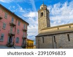 The bell tower and dome of the 11th and 12th century Basilica or Church of Saint Giacomo, in the Borgo neighborhood of the village of Bellagio, Italy on Lake Como.
