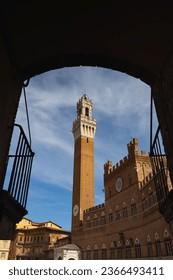 Bell tower of the Palazzo Pubblico in Siena, Italy - Shutterstock ID 2366493411