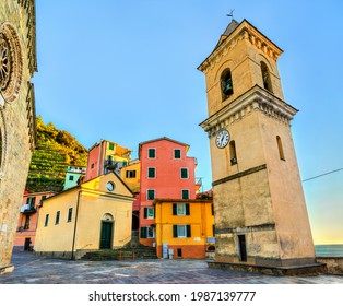 Bell tower of San Lorenzo Church in Manarola at the Cinque Terre in Italy