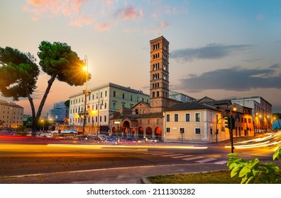 Bell tower of Santa Maria in Cosmedin on the street of Rome