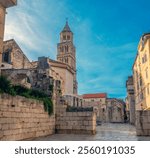 The  bell tower of the St. Domnius cathedral among the ruins of the Diocletian Palace, Split, Croatia