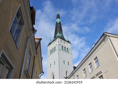 The bell tower of St. Olaf's Church in the old town city center of Tallinn, capital city of Estonia, Europe
				