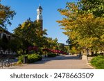 The Bell tower surrounded by colorful autumn trees in West Lafayette Campus, Indiana