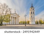 Bell Tower of Vilnius Cathedral with downtown Vilnius city skyline, cityscape of  Lithuania in Europe