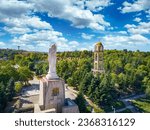 Bell tower in Yamacha Park Haskovo, Bulgaria 06 09 2021, Aerial photo
