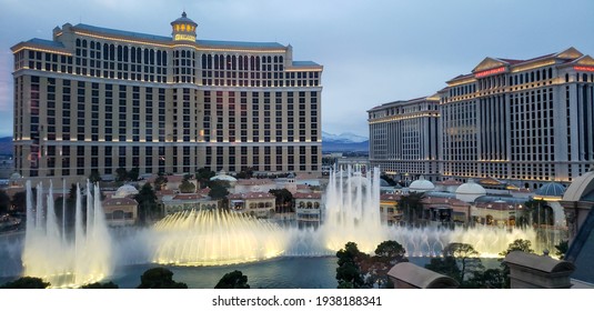 Bellagio Fountain Show On A Snowy Day. Las Vegas, Nevada. March 12, 2021