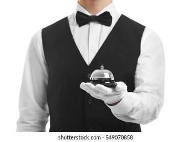 Bellboy Holding Bell On His Hand, Close Up