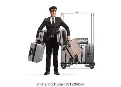 Bellboy Holding Many Suitcases And Standing In Front Of A Hotel Luggage Cart Isolated On White Background