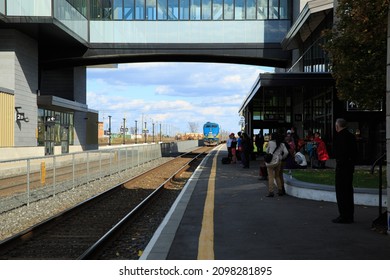 Belleville, Ontario, Canada - October 18, 2013 - VIA Rail Passenger Train Arriving At Belleville Station