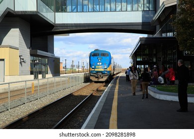 Belleville, Ontario, Canada - October 18, 2013 - VIA Rail Passenger Train Arriving At Belleville Station