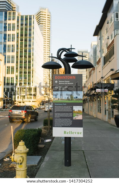 Bellevue,\
USA. April 2019. Information sign in\
downtown