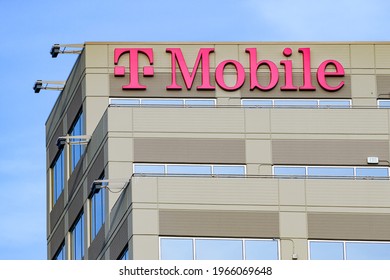 Bellevue, WA, USA - April 29, 2021; T Mobile Pink Logo On The Corporate Headquarters In The Factoria District Of Bellevue Near Seattle