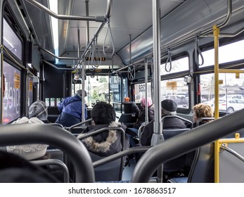 Bellevue, WA / USA - Circa January 2020: Inside View Of A King County Metro Bus Filled With Passengers.