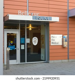 Bellevue, WA, USA - September 08, 2022; Bellevue Police Station Sign And Entrance With Emergency Information