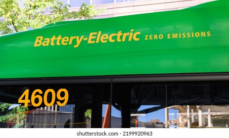 Bellevue, WA, USA - September 08, 2022; Battery Electric Zero Emissions Text In Yellow On Green On A King County Metro Transit Bus