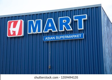 Bellevue, Washington / USA - April 1 2019: Sign For An H Mart Asian Supermarket And Korean Grocery Store, With Space For Text On Bottom