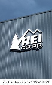 Bellevue, Washington / USA - April 1 2019:    Sign For Recreational Equipment, Inc. (REI) At The Cooperative Retail Chain Specializing In Outdoor And Mountaineering Gear