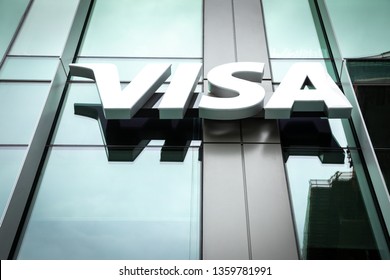 Bellevue, Washington / USA - April 2 2019: Visa Logo Sign At The Office Of The Credit Card Company, With Space For Text On The Bottom