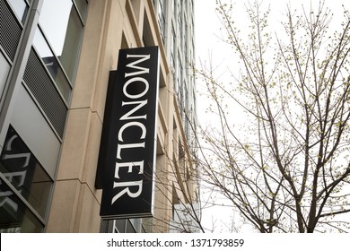 Bellevue, Washington / USA - April 2 2019: Moncler Sign At The Italian Apparel And Lifestyle Store At The Bravern Shopping Center, With Space For Text On The Right