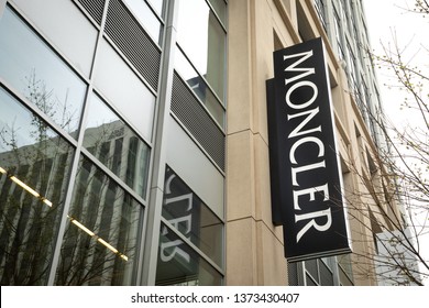 Bellevue, Washington / USA - April 2 2019: Moncler Sign At The Italian Apparel And Lifestyle Store At The Bravern Shopping Center, With Space For Text On The Left