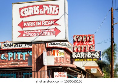 Bellflower, California/United States - 11/09/2019: A Store Front Sign For The  Restaurant Known As Chris And Pitts BBQ Restaurant