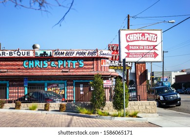 Bellflower, California/United States - 11/09/2019: A Store Front Sign For The  Restaurant Known As Chris And Pitts BBQ Restaurant