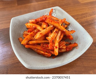 
Bellflower root salad, with red pepper powder, side dish, plate, close-up