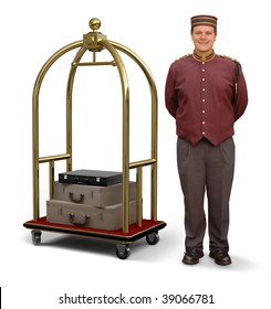 Bellhop In Retro Uniform And Luggage Cart On A White Background With Clipping Path On Bellman