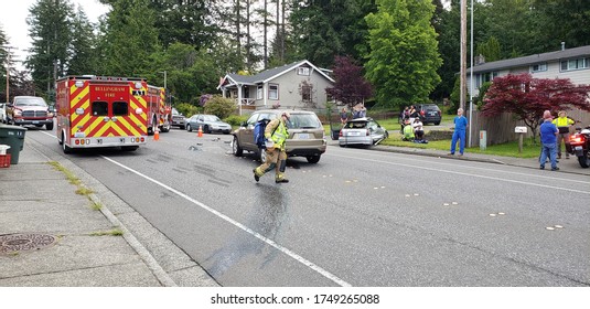 Bellingham, Washington - June 4, 2020: Car crash on Lakeway Drive