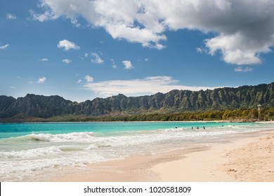 Bellows Beach Morning, Oahu Hawaiian Islands, with sunshine, sky, mountains and clouds