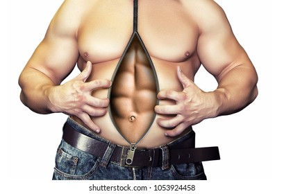 The Belly Of A Fat Man Transform Into A Strong Abs. Isolated On White Background