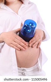 Belly Of Pregnant Woman In White Which Put Blue Flasher On Belly Isolated On White Background.