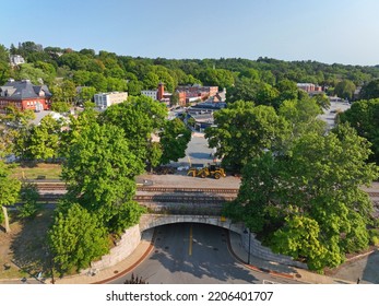 Belmont Railroad Bridge Across Concord Avenue Aerial View In Historic Town Center Of Belmont, Massachusetts MA, USA. 