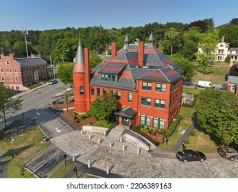 Belmont Town Hall Building Aerial View At 455 Concord Avenue In Historic Town Center In Belmont, Massachusetts MA, USA. 