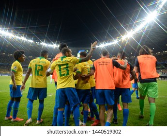 BELO HORIZONTE, BRAZIL - JULY 2, 2019: Brazil Celebrates After Scoring A Goal During The 2019 Copa America Semi-Finals At Maracana Stadium. 
