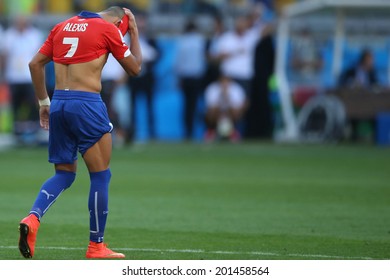 BELO HORIZONTE, BRAZIL - June 28, 2014: Alexis Sanchez at the 2014 World Cup Round of 16 game between Brazil and Chile at Mineirao Stadium. No Use in Brazil.