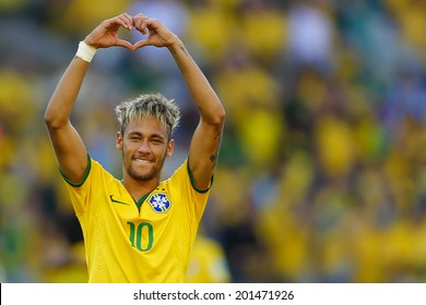 BELO HORIZONTE, BRAZIL - June 28, 2014: Neymar of Brazil celebrates winning the 2014 World Cup Round of 16 game between Brazil and Chile at Mineirao Stadium. No Use in Brazil.