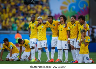 BELO HORIZONTE, BRAZIL - June 28, 2014: Players of Brazil during penalty kick at the 2014 World Cup Round of 16 game between Brazil and Chile at Mineirao Stadium. No Use in Brazil.