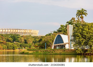 Belo Horizonte, Minas Gerais, Brazil - April 12rd, 2022: St Francis of Assisi Church and Mineirao Stadium, Touristic Attractions, Part of the Pampulha Modern Ensemble (Lagoa da Pampulha)