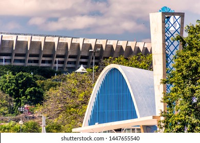 Belo Horizonte/MG/Brazil - July 08th 2019: Mineirão Stadium and St Francis of Assisi Church, Touristic Attraction, Part of the Pampulha Modern Ensemble (Lagoa da Pampulha) - UNESCO WORLD HERITAGE