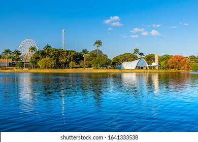 Belo Horizonte/Minas Gerais/Brazil - October 2019: View of the Pampulha Lagoon, The Rollercoaster and the Modern Pampulha Church (Part of the Modern Ensemble - UNESCO World Heritage)