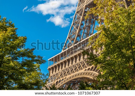 Eiffel Tower in green trees on blue sky